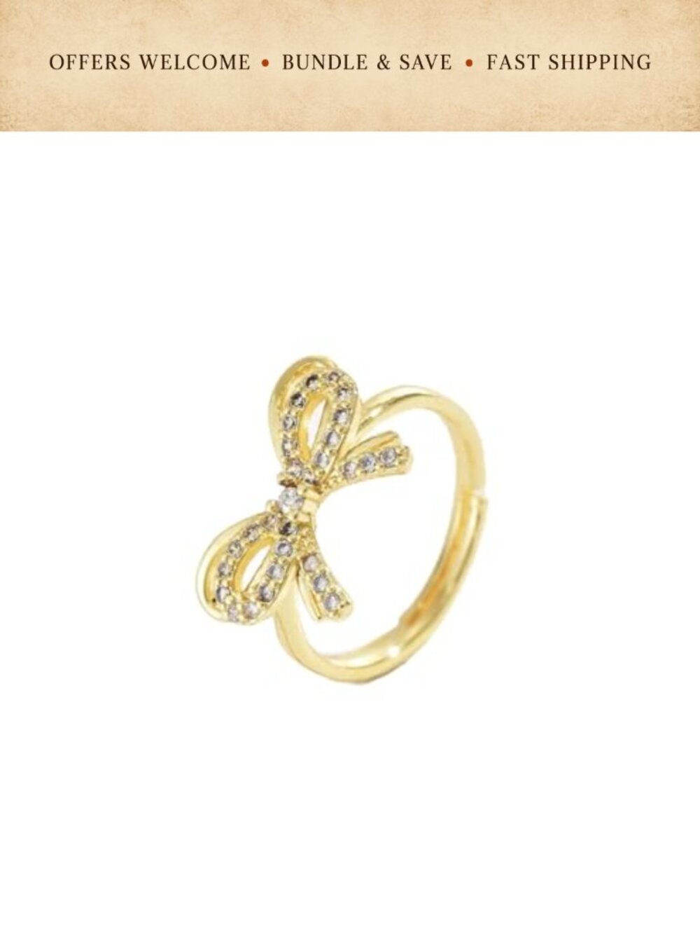 18K Gold Plated Adjustable Bow Ring Stainless Steel CZ Stacking Ring